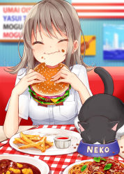 Rule 34 | 1girl, :t, animal, blurry, blush, bowl, breasts, burger, cat, closed eyes, commentary request, depth of field, eating, facing viewer, food, food on face, french fries, grey hair, hazuki natsu, highres, holding, holding food, long hair, medium breasts, original, pasta, pet bowl, plate, restaurant, shirt, short sleeves, sitting, solo, table, twitter username, upper body, wavy mouth, white shirt