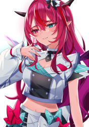 Rule 34 | 1girl, aotake iro, aqua eyes, asymmetrical sleeves, asymmetrical wings, black skirt, blush, breasts, buttons, cleavage, closed mouth, crop top, crystal wings, demon horns, double-breasted, half-skirt, heterochromia, highres, hololive, hololive english, hololive idol uniform (bright), horns, irys (hololive), jacket, large breasts, long hair, looking at viewer, medium breasts, multicolored hair, nail polish, navel, pink nails, plaid, plaid skirt, pleated skirt, pointy ears, purple eyes, purple hair, red hair, skirt, solo, streaked hair, uneven sleeves, virtual youtuber, white background, white jacket, wings