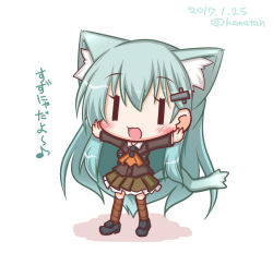 Rule 34 | 1girl, :3, :d, animal ears, ascot, black footwear, blush, brown jacket, brown skirt, brown thighhighs, cat ears, cat girl, cat tail, collared shirt, dated, green hair, hair between eyes, hair ornament, jacket, kantai collection, kemonomimi mode, komakoma (magicaltale), long hair, long sleeves, open mouth, orange ascot, outstretched arms, pleated skirt, shirt, shoes, skirt, smile, solo, spread arms, suzuya (kancolle), tail, thighhighs, translation request, twitter username, very long hair, white shirt, | |, || ||