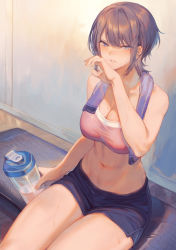 Rule 34 | 1girl, arm up, blue eyes, bottle, breasts, brown hair, cleavage, commentary request, highres, large breasts, looking at viewer, mashuu (neko no oyashiro), midriff, navel, oomikado himari, original, parted lips, short hair, shorts, sitting, solo, sports bra, sweat, thighs, toned, towel, towel around neck, water bottle
