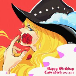 Rule 34 | 1boy, bishounen, black hat, blonde hair, blue eyes, cavendish, cowboy hat, dated, flower, flower in mouth, frills, from side, happy birthday, hat, highres, long hair, male focus, mouth hold, one piece, petals, plume, portrait, red background, red flower, red rose, rose, rose petals, shirt, signature, solo, studded hat, vamos mk, wavy hair, white shirt