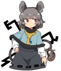 Rule 34 | 1girl, animal, animal ears, blue capelet, blush, capelet, closed mouth, dress, grey dress, grey hair, highres, ini (inunabe00), jewelry, long sleeves, mouse (animal), mouse ears, mouse tail, nazrin, pendant, red eyes, short hair, simple background, solo, tail, touhou, white background