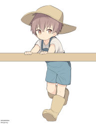 Rule 34 | 1boy, arakokra, artist name, boots, brown footwear, child, closed mouth, dated, farmer, hat, highres, male focus, original, overalls, short hair, short sleeves, simple background, solo, straw hat, white background