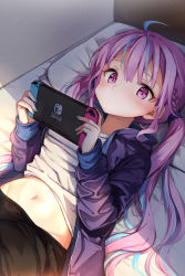 Rule 34 | 1girl, ahoge, colored inner hair, highres, hololive, jacket, long hair, midriff, minato aqua, multicolored hair, navel, nintendo switch, open clothes, open jacket, purple eyes, solo, stomach, summer tail720, twintails, two-tone hair, virtual youtuber