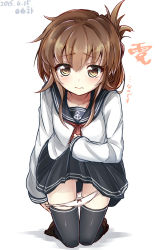 Rule 34 | 10s, 1girl, 2015, 3:, brown eyes, brown hair, character name, dated, folded ponytail, highres, inazuma (kancolle), kantai collection, long hair, panties, panty pull, school uniform, serafuku, simple background, skirt, solo, thighhighs, underwear, yufuissei0702