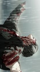 Rule 34 | 1boy, black hair, black jacket, blood, blood on clothes, blood on face, blood on hands, blurry, depth of field, head back, highres, jacket, looking up, male focus, mugi oyasumi, open clothes, open jacket, open mouth, original, outdoors, outstretched arms, rain, short hair, smile, solo, spread arms, sweater, teeth, upper teeth only, white sweater, zipper