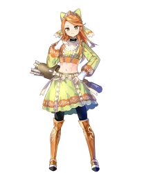 1girl abs arrow_(projectile) boots etie_(fire_emblem) fire_emblem fire_emblem_engage fire_emblem_heroes full_body green_eyes hair_ornament hand_on_own_hip head_tilt highres knee_boots long_hair long_sleeves midriff navel nintendo non-web_source official_art orange_hair pantyhose quiver skirt solo stomach transparent_background