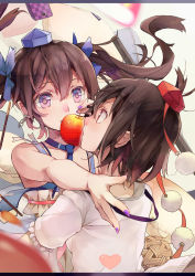 Rule 34 | 2girls, alternate costume, apple, black hair, brown hair, cellphone, dress, earrings, evers, eye contact, female focus, food, fruit, hat, himekaidou hatate, holding, hug, imminent kiss, jewelry, letterboxed, long hair, looking at another, multiple girls, nail polish, necktie, outstretched arm, phone, pocky, pointy ears, purple eyes, red eyes, shameimaru aya, short hair, tokin hat, touhou, twintails, wings, yuri