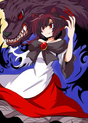 Rule 34 | 1girl, animal ears, bare shoulders, brooch, brown eyes, brown hair, fang, female focus, harukatron, imaizumi kagerou, jewelry, nail polish, red nails, tail, touhou, wolf, wolf ears, wolf tail