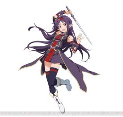 Rule 34 | 10s, 1girl, black thighhighs, detached sleeves, full body, hairband, holding, holding sword, holding weapon, long hair, looking at viewer, open mouth, pointy ears, purple hair, red eyes, simple background, solo, sword, sword art online, sword art online: code register, thighhighs, watermark, weapon, white background, yuuki (sao)