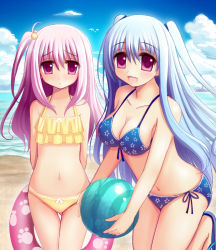 2girls akisame_rizu bad_id bad_pixiv_id ball beach beachball bikini blue_hair day innertube long_hair multiple_girls original pink_hair purple_eyes side_ponytail standing swim_ring swimsuit twintails two_side_up