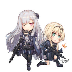 Rule 34 | 2girls, ;), ^^^, ak-12, ak-12 (girls&#039; frontline), an-94, an-94 (girls&#039; frontline), assault rifle, black footwear, black gloves, black ribbon, black shorts, black socks, blonde hair, blue gloves, blue jacket, blush, boots, braid, chibi, closed mouth, commentary, dated, girls&#039; frontline, gloves, green eyes, grey hair, gun, hair ribbon, hand up, holding, holding gun, holding weapon, jacket, kalashnikov rifle, kneehighs, pantyhose under shorts, long hair, multiple girls, name connection, object namesake, one eye closed, on one knee, pantyhose, parted lips, partially fingerless gloves, purple footwear, red eyes, ribbon, rifle, shoes, short shorts, shorts, signature, simple background, smile, socks, tama yu, thumbs up, very long hair, weapon, white background