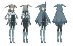 Rule 34 | 1girl, blue eyes, bodysuit, boots, character sheet, chinese commentary, commentary request, high heel boots, high heels, highres, j-10b, legs, looking at viewer, mecha musume, multiple views, original, panties, personification, pointy ears, short twintails, silver hair, sima naoteng, thigh boots, thighhighs, twintails, underwear