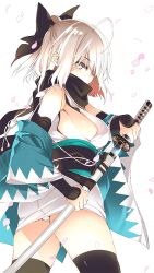 Rule 34 | 1girl, ahoge, arm guards, bad id, bad twitter id, black bow, black scarf, black thighhighs, bow, breasts, cherry blossoms, commentary request, cowboy shot, fate (series), from side, hair bow, half updo, haori, holding, holding sword, holding weapon, japanese clothes, katana, kimono, koha-ace, looking at viewer, medium breasts, obi, off shoulder, okita souji (fate), okita souji (koha-ace), one side up, panties, pantyshot, petals, profile, sash, scarf, scarf over mouth, sheath, shimeji (4 me ji), shinsengumi, short hair, short kimono, sideboob, sidelocks, simple background, sleeveless, sleeveless kimono, solo, standing, sword, thighhighs, thighs, twisted torso, underwear, unsheathing, weapon, white background, white kimono, white panties