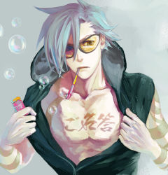 00s 1boy blue_hair bodypaint bubble gradient_background hood kamina_(ttgl) male_focus numeri_(pixiv) solo sunglasses tattoo tengen_toppa_gurren_lagann translation_request upper_body