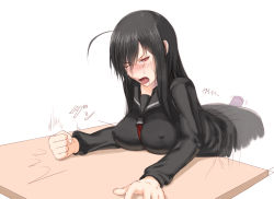 Rule 34 | 1girl, black hair, breasts, covered erect nipples, dildo, female focus, huge breasts, kurofudo, one eye closed, open mouth, original, red eyes, school uniform, sex toy, simple background, skirt, solo, tears, white background, wink