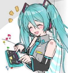 Rule 34 | 1girl, ^^^, aqua hair, aqua nails, aqua necktie, bare shoulders, beamed eighth notes, black sleeves, blush, closed eyes, commentary, detached sleeves, eighth note, grey shirt, hair ornament, hatsune miku, headphones, headset, long hair, meta, musical note, nail polish, necktie, open mouth, playing games, quarter note, shirt, shoulder tattoo, sitting, sketch, sleeveless, sleeveless shirt, smile, solo, supo01, tablet pc, tattoo, twintails, very long hair, video game, vocaloid