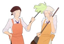 Rule 34 | 2boys, :&lt;, air guitar, anger vein, apron, broom, brothers, closed eyes, closed mouth, collared shirt, creatures (company), emmet (pokemon), frown, game freak, grey eyes, grey hair, hand on own hip, head scarf, holding, holding broom, ingo (pokemon), jaho, long sideburns, male focus, multiple boys, nintendo, orange apron, pants, pokemon, pokemon bw, shirt, short hair, siblings, sideburns, smile