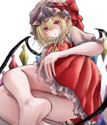 Rule 34 | 1girl, artist request, ascot, ass, ass focus, bad id, bad twitter id, bare legs, barefoot, blonde hair, blush, breasts, crystal, double-parted bangs, embarrassed, eyes visible through hair, flandre scarlet, foot out of frame, frills, hair between eyes, hat, looking at viewer, lying, medium breasts, mob cap, on side, petticoat, pleated skirt, pointy ears, puffy short sleeves, puffy sleeves, red eyes, red skirt, red vest, short sleeves, simple background, skirt, soles, solo, touhou, vest, white background, wings, yellow ascot