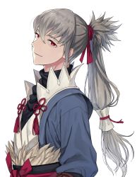 Rule 34 | 1boy, absurdres, closed mouth, fire emblem, fire emblem fates, fur, gnsn tori, grey hair, hair between eyes, hair ribbon, highres, long hair, looking at viewer, low-tied long hair, male focus, nintendo, ponytail, red eyes, red ribbon, ribbon, simple background, solo, takumi (fire emblem), tassel, upper body, white background