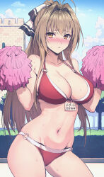Rule 34 | 1girl, amagi brilliant park, antenna hair, bikini, blue sky, blush, bow, breasts, brown eyes, brown hair, cleavage, cloud, cowboy shot, day, female focus, hair bow, hair intakes, haoni, high ponytail, highres, holding, holding pom poms, humiliation, large breasts, long hair, looking at viewer, navel, o-ring, o-ring bikini, outdoors, parted lips, pom pom (cheerleading), pom poms, ponytail, raised eyebrows, sento isuzu, sky, solo, standing, sweat, swimsuit, translated