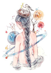 Rule 34 | 1girl, animal, animal on head, bare arms, bare back, bird, bird nest, bird on head, black bird, black hair, braid, branch, chinese commentary, cloud, commentary request, completely nude, constellation, egg, eyelashes, from behind, huangpi sang, in nest, leaf, long hair, mushroom, nest, nude, on head, original, painting (medium), partially submerged, planet, planetary ring, shoulder blades, simple background, single braid, solo, traditional media, upper body, very long hair, watercolor (medium), white background