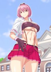 Rule 34 | 1girl, azur lane, black gloves, blue sky, breasts, building, cleavage, closed mouth, cloud, collarbone, collared jacket, commentary request, commission, cowboy shot, cropped jacket, day, eyebrows hidden by hair, from below, gloves, hair between eyes, hand on own hip, hat, highres, jacket, large breasts, looking at viewer, midriff, mini hat, miniskirt, navel, open clothes, open jacket, outdoors, ozaneko, pensacola (azur lane), pink hair, pleated skirt, red skirt, short hair, short sleeves, sidelocks, skeb commission, skirt, sky, smile, solo, standing, strapless, suspenders, taut clothes, tube top, underboob, white jacket