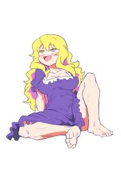 Rule 34 | 1girl, bare shoulders, blonde hair, breasts, collarbone, dress, frilled dress, frills, highres, large breasts, long hair, no headwear, open mouth, puffy short sleeves, puffy sleeves, purple dress, sekaihebi, short sleeves, sitting, solo, touhou, unfinished dream of all living ghost, white background, yakumo yukari, yellow eyes