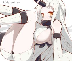 Rule 34 | 10s, 1girl, 9law, abyssal ship, bad id, bad pixiv id, breasts, dress, horns, kantai collection, large breasts, long hair, pale skin, ribbed dress, seaport princess, short dress, sideboob, simple background, single horn, solo, twitter username, white background, white hair, yellow eyes