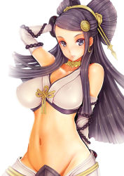 Rule 34 | 1girl, arm up, bare shoulders, beads, breasts, cleavage, earrings, covered erect nipples, female focus, fire emblem, fire emblem fates, groin, hair ornament, hair stick, hairpods, jewelry, large breasts, long hair, looking at viewer, midriff, navel, nintendo, open mouth, orochi (fire emblem), purple eyes, purple hair, simple background, solo, teruru, white background