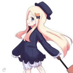 Rule 34 | 1girl, abigail williams (fate), bad id, bad pixiv id, black bow, black dress, black hat, blonde hair, bloomers, blue eyes, blush, bow, bug, butterfly, closed mouth, commentary request, cowboy shot, dress, fate/grand order, fate (series), hair bow, hat, insect, kujou karasuma, long hair, long sleeves, orange bow, parted bangs, profile, rolling suitcase, signature, simple background, sleeves past fingers, sleeves past wrists, smile, solo, suitcase, underwear, very long hair, white background, white bloomers