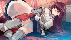 Rule 34 | 1girl, 40hara, alicia crystella, armor, bare shoulders, clenched teeth, clothes lift, fingerless gloves, frown, glasses, gloves, highres, isekai maou to shoukan shoujo no dorei majutsu, long hair, looking at viewer, lying, multiple views, official art, on side, panties, purple eyes, purple hair, skirt, skirt lift, teeth, underwear, white gloves, white panties