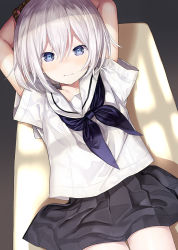 Rule 34 | 1girl, arms behind head, arms up, black skirt, blue eyes, blue neckerchief, bound, bound wrists, capriccio, closed mouth, commentary request, hair between eyes, looking at viewer, lying, neckerchief, on back, original, pleated skirt, sailor collar, school uniform, serafuku, shirt, skirt, solo, white hair, white sailor collar, white shirt
