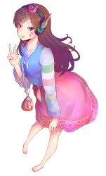Rule 34 | 1girl, alice-sama san, bad id, bad pixiv id, barefoot, brown eyes, brown hair, collarbone, d.va (overwatch), facepaint, facial mark, feet, full body, hair ornament, hanbok, hand on own knee, hand up, headphones, highres, korean clothes, legs apart, long hair, long sleeves, looking at viewer, overwatch, overwatch 1, palanquin d.va, pink skirt, pouch, print skirt, skirt, smile, solo, standing, striped, striped sleeves, traditional clothes, transparent background, v, whisker markings