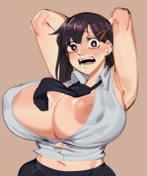 Rule 34 | 1girl, alternate breast size, areola slip, armpits, arms up, black hair, black necktie, breasts, brown background, chainsaw man, cleavage, hair ornament, hairclip, higashiyama kobeni, highres, huge breasts, large areolae, looking at viewer, midriff, necktie, nezulet, open mouth, popped button, puffy nipples, shirt, short hair, short ponytail, simple background, single sidelock, solo, swept bangs, tight clothes, tight shirt