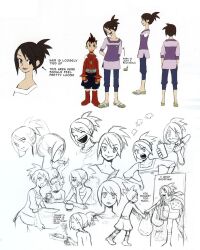 Rule 34 | 1boy, 1girl, breasts, brown eyes, brown hair, capcom, character name, character sheet, desk, english text, full body, geo stelar (mega man), highres, hope stelar (mega man), long hair, looking at another, mega man (series), mega man star force, mother and son, multiple views, official art, ponytail, sitting, size comparison, size difference, sketch, small breasts, smile