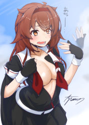 Rule 34 | 1girl, asymmetrical clothes, ayuman, black gloves, black serafuku, black skirt, blue sky, breasts, brown eyes, brown hair, cleavage, cloud, commentary request, cowboy shot, fingerless gloves, gloves, hair flaps, hairband, highres, kantai collection, large breasts, long hair, neckerchief, open clothes, open mouth, pleated skirt, red hairband, red neckerchief, school uniform, serafuku, shiratsuyu (kancolle), shiratsuyu kai ni (kancolle), signature, skirt, sky, solo