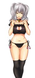 Rule 34 | 10s, 1girl, bare shoulders, bell, black bra, black panties, black thighhighs, blush, bra, breasts, cameltoe, cat cutout, cat ear panties, cat lingerie, choker, cleavage, cleavage cutout, clothing cutout, collar, grey eyes, jingle bell, kantai collection, kashima (kancolle), large breasts, long hair, looking at viewer, marubonman, meme attire, navel, neck bell, panties, side-tie panties, silver hair, simple background, smile, solo, thighhighs, twintails, twintails day, underwear, underwear only, wavy hair, wet, white background