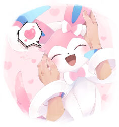 Rule 34 | 1other, :d, blush, closed eyes, commentary request, creatures (company), eyelashes, facing viewer, fangs, game freak, gen 6 pokemon, heart, highres, ka ei volltis, nintendo, open mouth, petting, pokemon, pokemon (creature), smile, spoken heart, sylveon, tongue