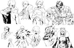 Rule 34 | 3girls, 5boys, ahoge, armor, artoria pendragon (fate), artoria pendragon (lancer) (fate), bandaged hand, bandages, bare shoulders, beard, boudica (fate), breasts, cape, chain, character request, cleavage, cleavage cutout, cloak, closed mouth, clothing cutout, covered erect nipples, crossed legs, dagger, edward teach (fate), eyes visible through hair, facial hair, fate/grand order, fate (series), fingerless gloves, fingernails, fujimaru ritsuka (male), fur trim, gloves, greaves, greyscale, grin, hair between eyes, hatching (texture), helm, helmet, highres, jack the ripper (fate/apocrypha), knife, lamian (pixiv415608), lancelot (fate/grand order), long hair, monochrome, multiple boys, multiple girls, multiple views, navel, navel cutout, necktie, parted lips, pointy footwear, ponytail, scar, scar across eye, scar on face, short hair, simple background, single glove, sitting, sketch, smile, teeth, thighhighs, torn, torn cloak, torn clothes, turtleneck, vambraces, weapon, white background