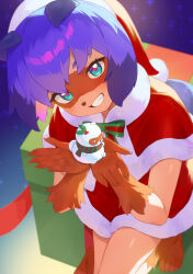 1girl animal_ears barefoot blue_hair body_fur bow bowtie brand_new_animal capelet dress furry furry_female green_bow green_bowtie grin hat highres holding imori_(lizzy) kagemori_michiru looking_at_viewer multicolored_hair raccoon_ears raccoon_girl raccoon_tail red_bow red_bowtie red_capelet red_hat santa_dress santa_hat short_hair smile solo tail teeth