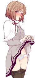 Rule 34 | 1girl, blush, bob cut, bow, bow panties, breasts, brown eyes, brown hair, capelet, clothes lift, clothes pull, cowboy shot, dress, dress lift, from side, grey dress, hair over one eye, half-closed eyes, hands up, hanegasaki academy school uniform, highres, lifted by self, long sleeves, looking at viewer, looking to the side, medium breasts, mouth hold, neck ribbon, noritama ikeda, nose blush, panties, pantyhose, pantyhose pull, protagonist (tokimemo gs2), red ribbon, ribbon, ribbon in mouth, school uniform, short hair, simple background, solo, tokimeki memorial, tokimeki memorial girl&#039;s side 2nd kiss, underwear, white capelet, white panties