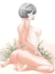 Rule 34 | 1girl, absurdres, arm at side, ass, bamuth, bare legs, bare shoulders, barefoot, blindfold, blue nails, breasts, covered erect nipples, facing viewer, feet, flower, frilled leotard, frills, from behind, from side, green hair, hand on lap, highleg, highleg leotard, highres, leotard, lily (flower), maid headdress, medium breasts, mole, mole under mouth, nail polish, nier (series), nier:automata, nose, parted lips, short hair, simple background, sitting, soles, solo, thong leotard, toenail polish, toenails, toes, turtleneck, wariza, white background, white blindfold, white flower, white leotard, 2b (nier:automata)