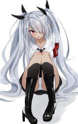 Rule 34 | 1girl, absurdres, armband, black footwear, black necktie, black skirt, blue archive, boots, breasts, cross-laced footwear, dark-skinned female, dark skin, full body, grey hair, hair over one eye, highres, iori (blue archive), knees up, lace-up boots, long hair, looking at viewer, medium breasts, nao fb, necktie, panties, pantyshot, pointy ears, red armband, red eyes, shirt, simple background, skirt, solo, thighs, twintails, underwear, very long hair, white background, white shirt