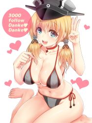 Rule 34 | 10s, 1girl, :d, adapted costume, barefoot, bikini, black bikini, blonde hair, breasts, choker, cleavage, collarbone, covered erect nipples, english text, german text, green eyes, groin, hat, heart, highres, huge breasts, kantai collection, long hair, looking at viewer, low twintails, milestone celebration, navel, open mouth, peaked cap, prinz eugen (kancolle), side-tie bikini bottom, sitting, smile, solo, strap pull, swimsuit, translated, twintails, wariza, white background, youshuu
