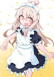 Rule 34 | 1girl, :d, absurdres, alternate costume, bare arms, blonde hair, commentary request, enmaided, eyes visible through hair, gradient background, hair between eyes, highres, long hair, looking at viewer, maid, maid headdress, onii-chan wa oshimai!, open mouth, oyama mahiro, puffy short sleeves, puffy sleeves, r3 type, short sleeves, simple background, smile, solo, yellow background, yellow eyes