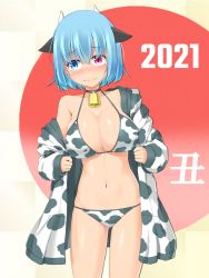 Rule 34 | 1girl, 2021, absurdres, alternate costume, animal ears, animal print, bell, bikini, blue eyes, blush, breasts, cleavage, closed mouth, cow ears, cow horns, cow print, garasuita, heterochromia, highres, hood, hoodie, horns, large breasts, looking to the side, midriff, navel, neck bell, open clothes, open hoodie, red eyes, solo, standing, swimsuit, tatara kogasa, touhou