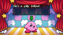 Rule 34 | angry, arrow (symbol), blush stickers, colored skin, commentary, dialogue box, english commentary, english text, frown, highres, kirby, kirby (series), kirby super star, looking at viewer, ne0n, nintendo, no humans, pink skin, stage curtains, standing, star (symbol), twitter username