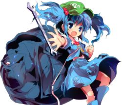 Rule 34 | 1girl, alphes, backpack, bag, blue eyes, blue hair, boots, colored eyelashes, female focus, hair bobbles, hair ornament, hat, hopeless masquerade, kawashiro nitori, key, official art, open mouth, reaching, smile, touhou, transparent background, twintails, two side up, wrench