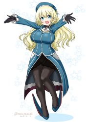 Rule 34 | 1girl, ascot, atago (kancolle), beret, black gloves, black pantyhose, blonde hair, blue hat, breasts, dated, gloves, green eyes, hat, kantai collection, large breasts, long hair, masara (chuujou), military, military uniform, open mouth, outstretched arms, panties, panties under pantyhose, pantyhose, skirt, smile, solo, star (symbol), starry background, twitter username, underwear, uniform, white ascot, white background